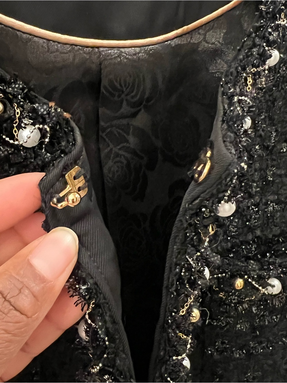 Black Bouclé Pearl-Trim Jacket - Picture 4 of 6